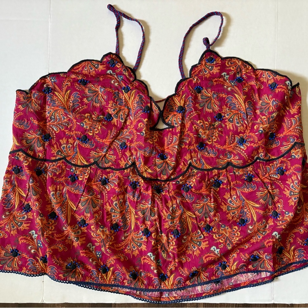 NWT Anthropologie Bare Deco Beaded & Embroidered Babydoll Tank Red Cropped - Picture 3 of 13